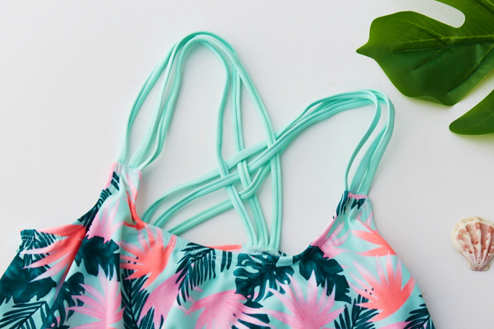 Girls Two-Piece Swimsuit with Ruffle Top and Crossed Straps view 3
