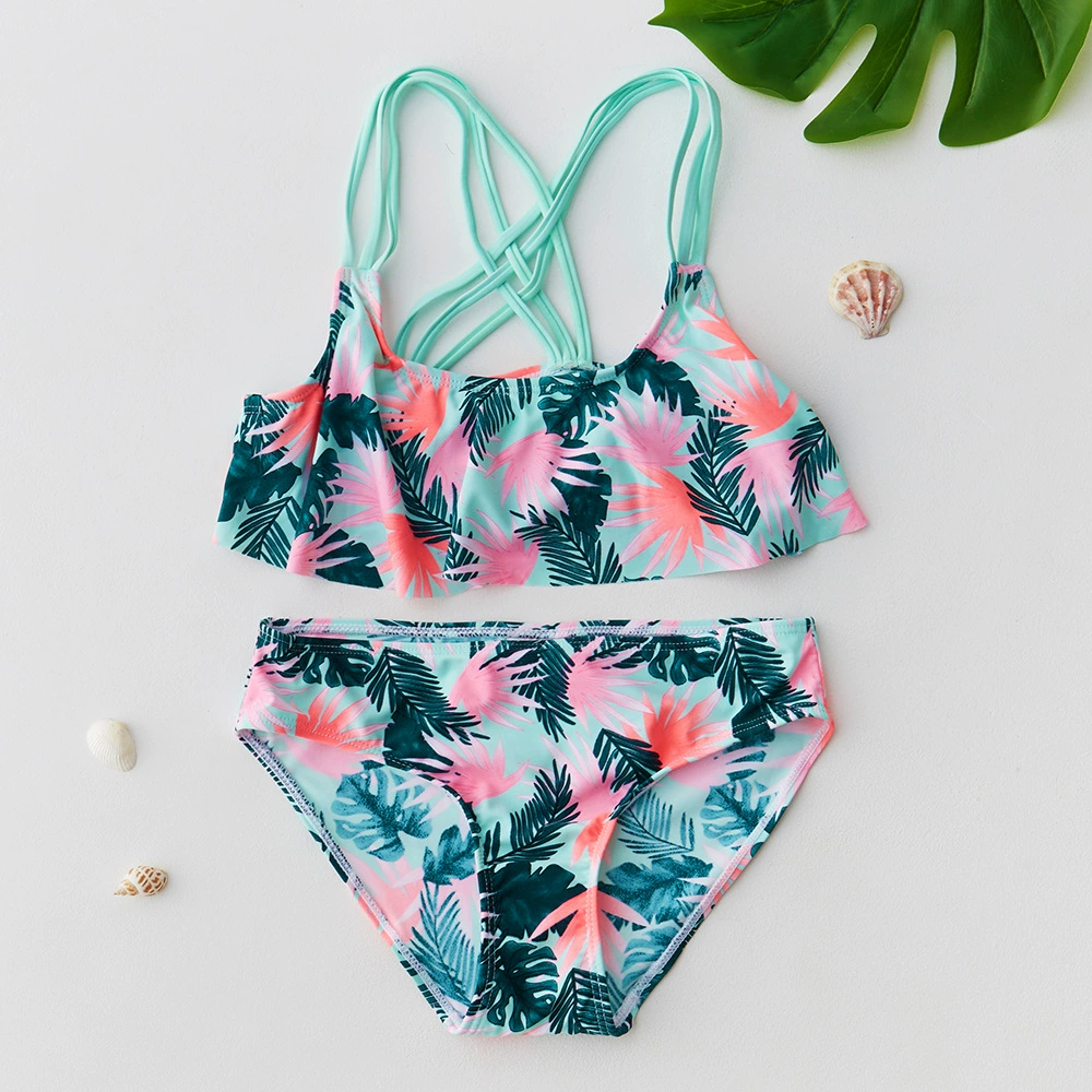 Girls Two-Piece Swimsuit with Ruffle Top and Crossed Straps view 6