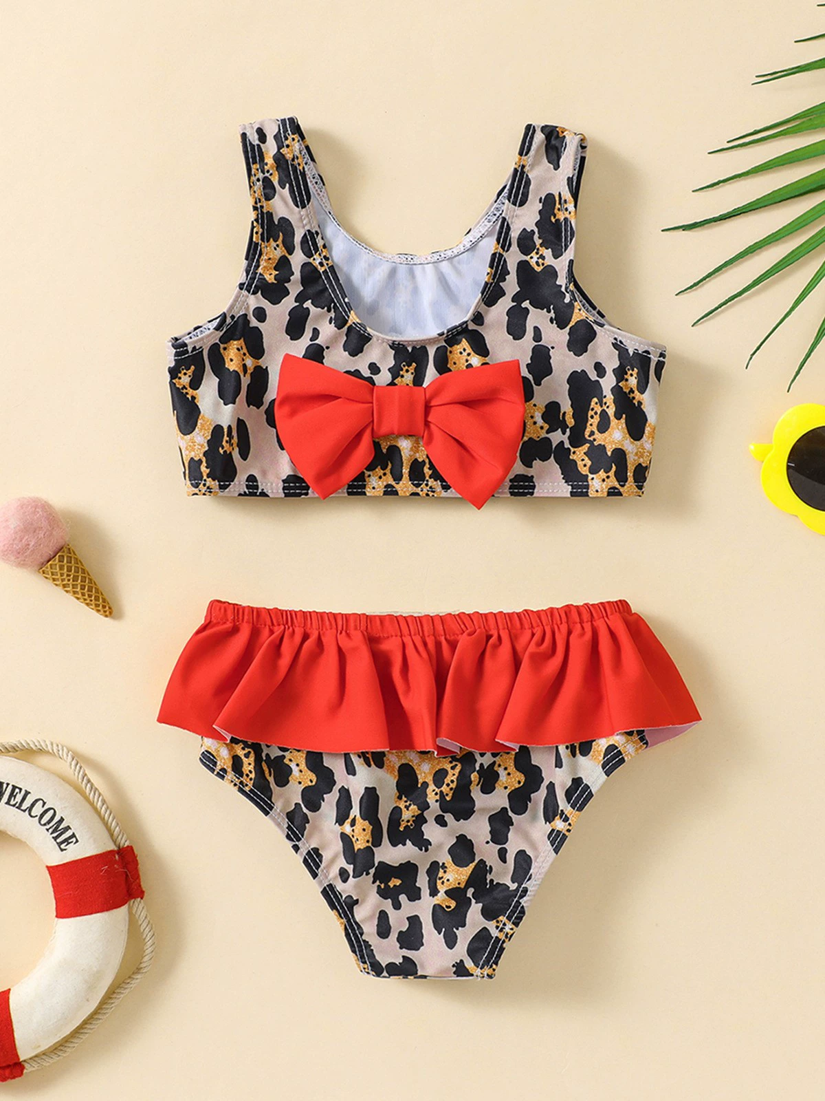 Girls Two-Piece Swimsuit with Bow and Ruffle Skirt