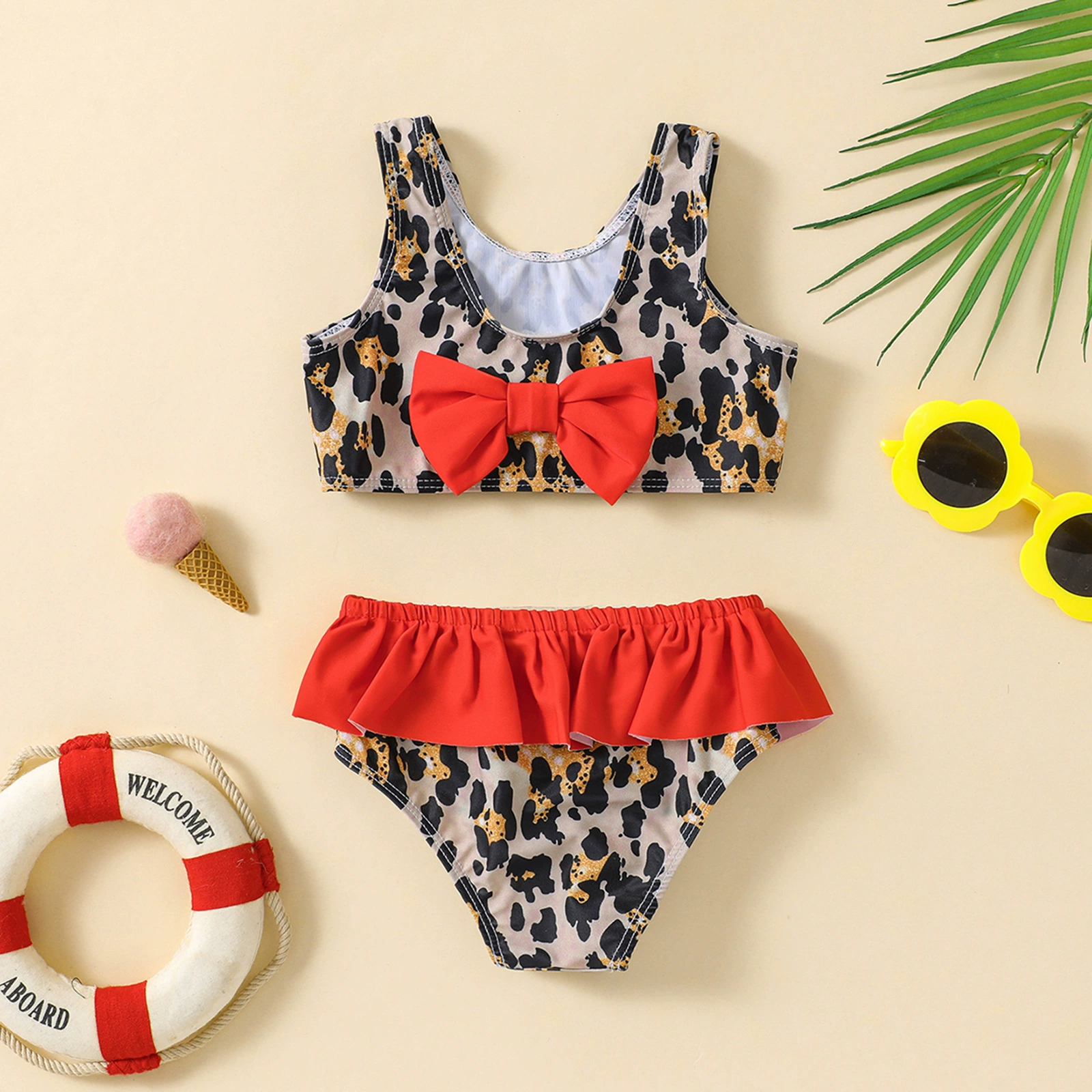 Girls Two-Piece Swimsuit with Bow and Ruffle Skirt view 6