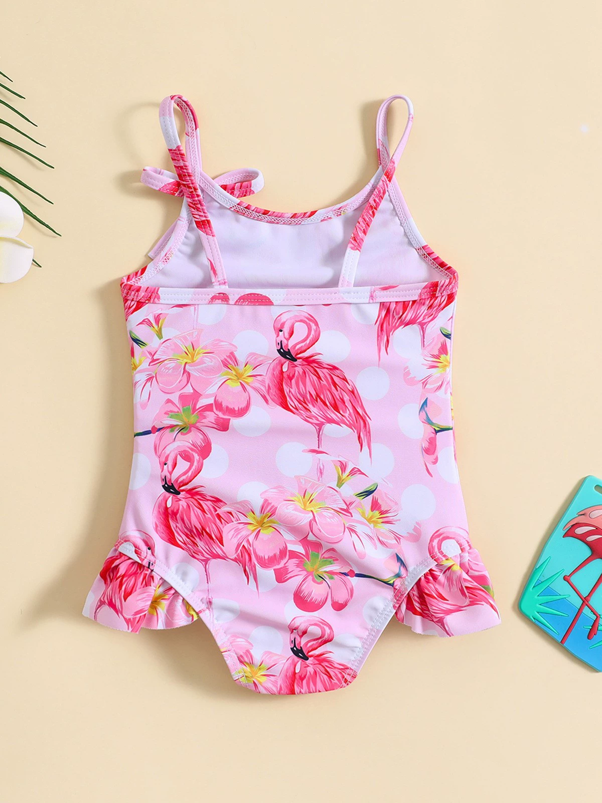 Baby Girls One-Piece Swimsuit with Ruffled Hem and Tie Straps