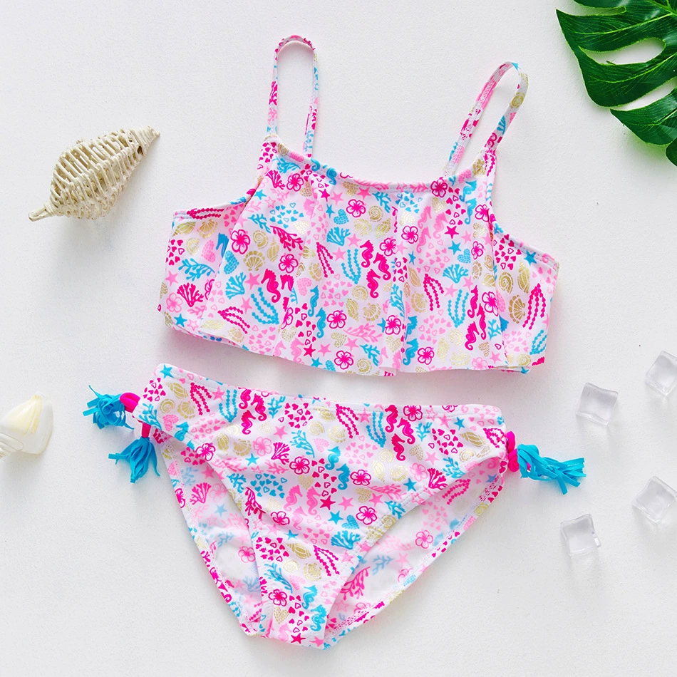 Girls Two-Piece Swimsuit with Thin Straps and Side Ties