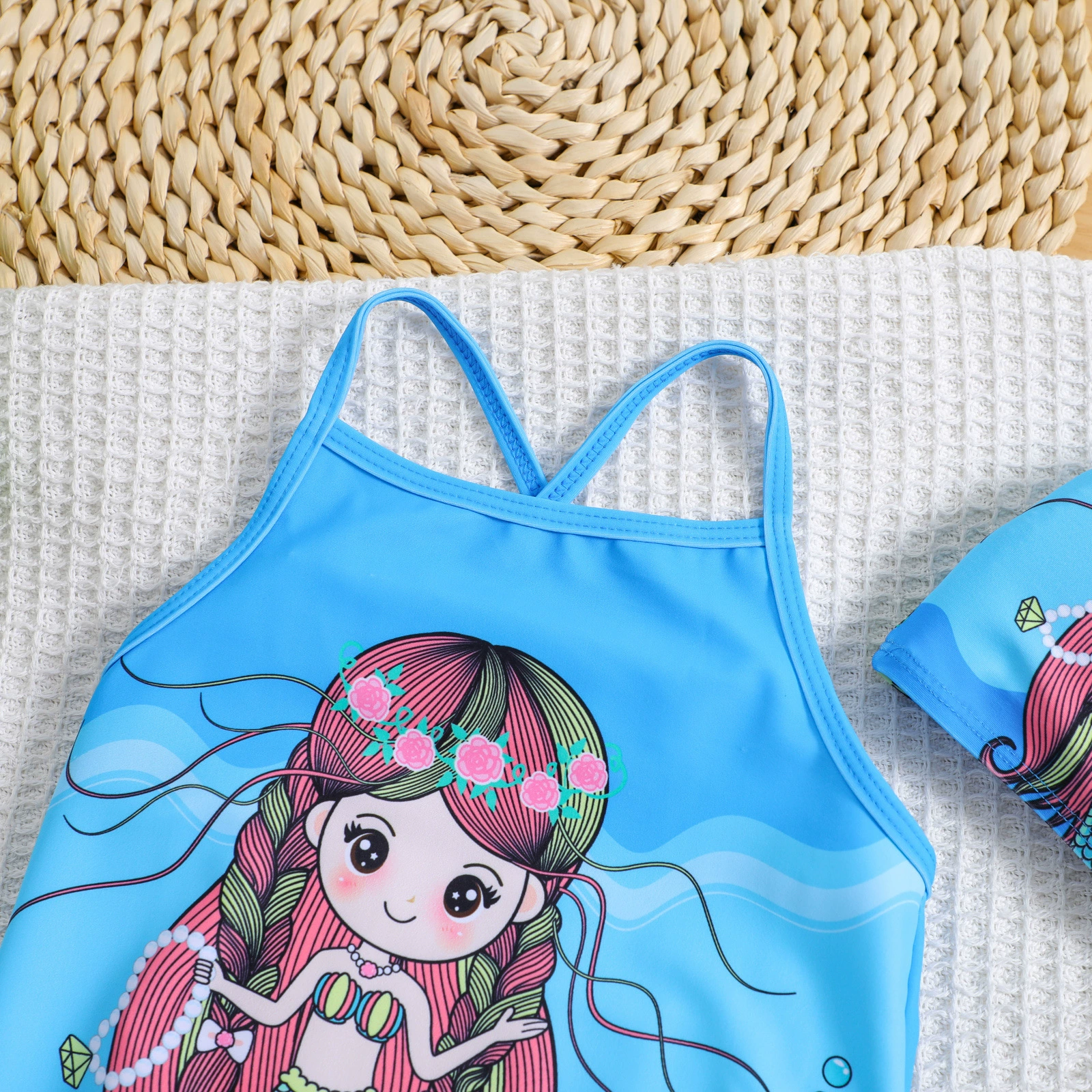 Children's One-Piece Bathing Suit Set with Cap view 3
