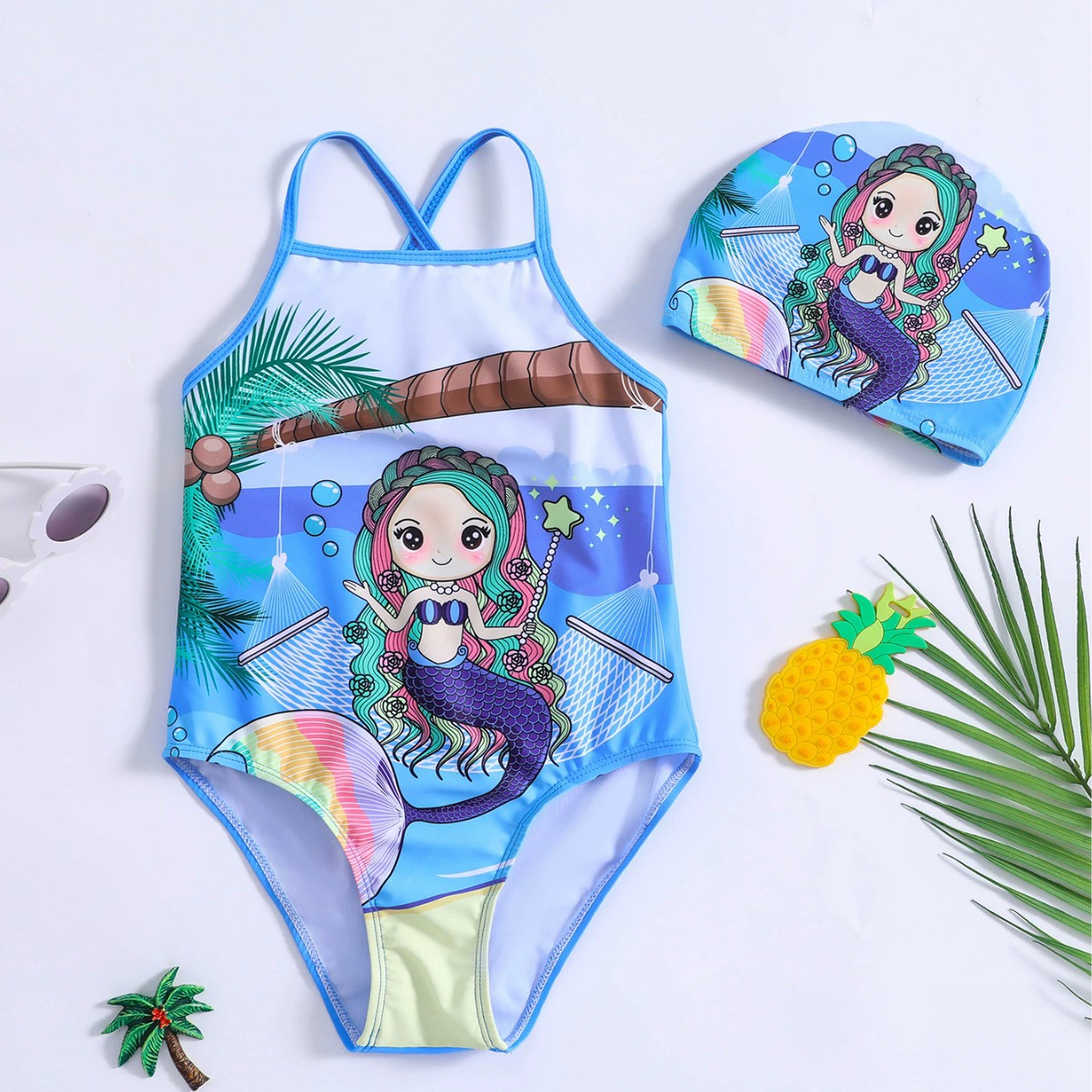 Kids One-Piece Swimsuit with Crossback Straps and Swim Cap