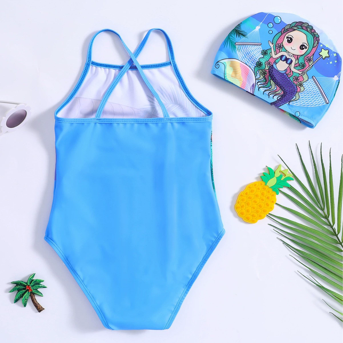 Kids One-Piece Swimsuit with Crossback Straps and Swim Cap