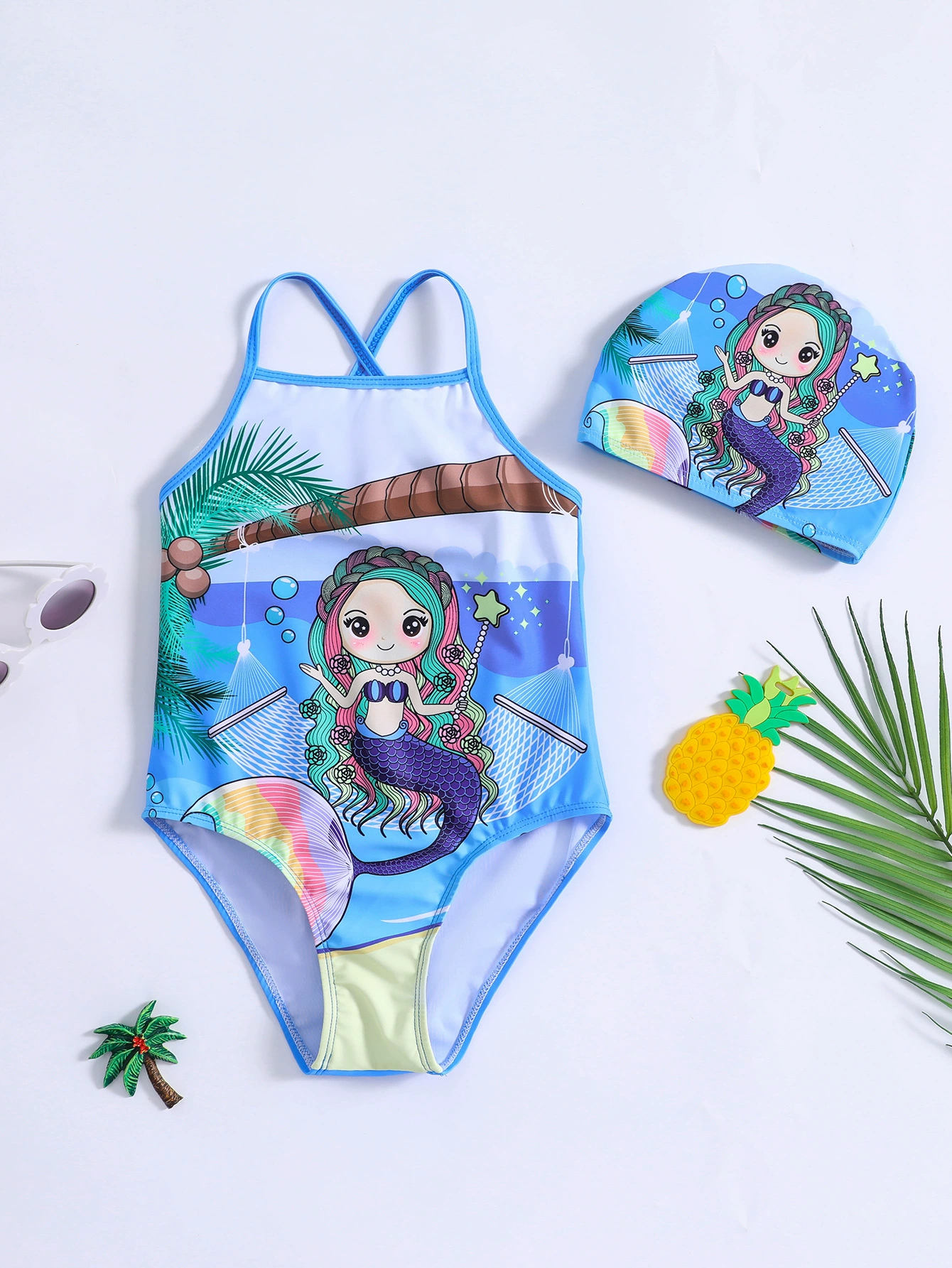 Kids One-Piece Swimsuit with Crossback Straps and Swim Cap view 6