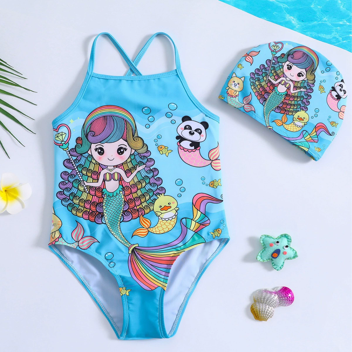 Girls One-Piece Swimsuit with Cross Back Straps and Swim Cap view 5