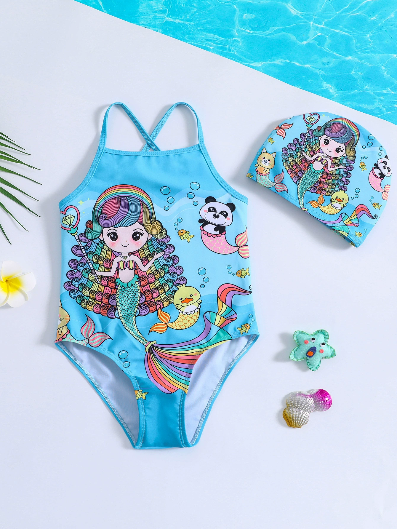 Girls One-Piece Swimsuit with Cross Back Straps and Swim Cap view 6