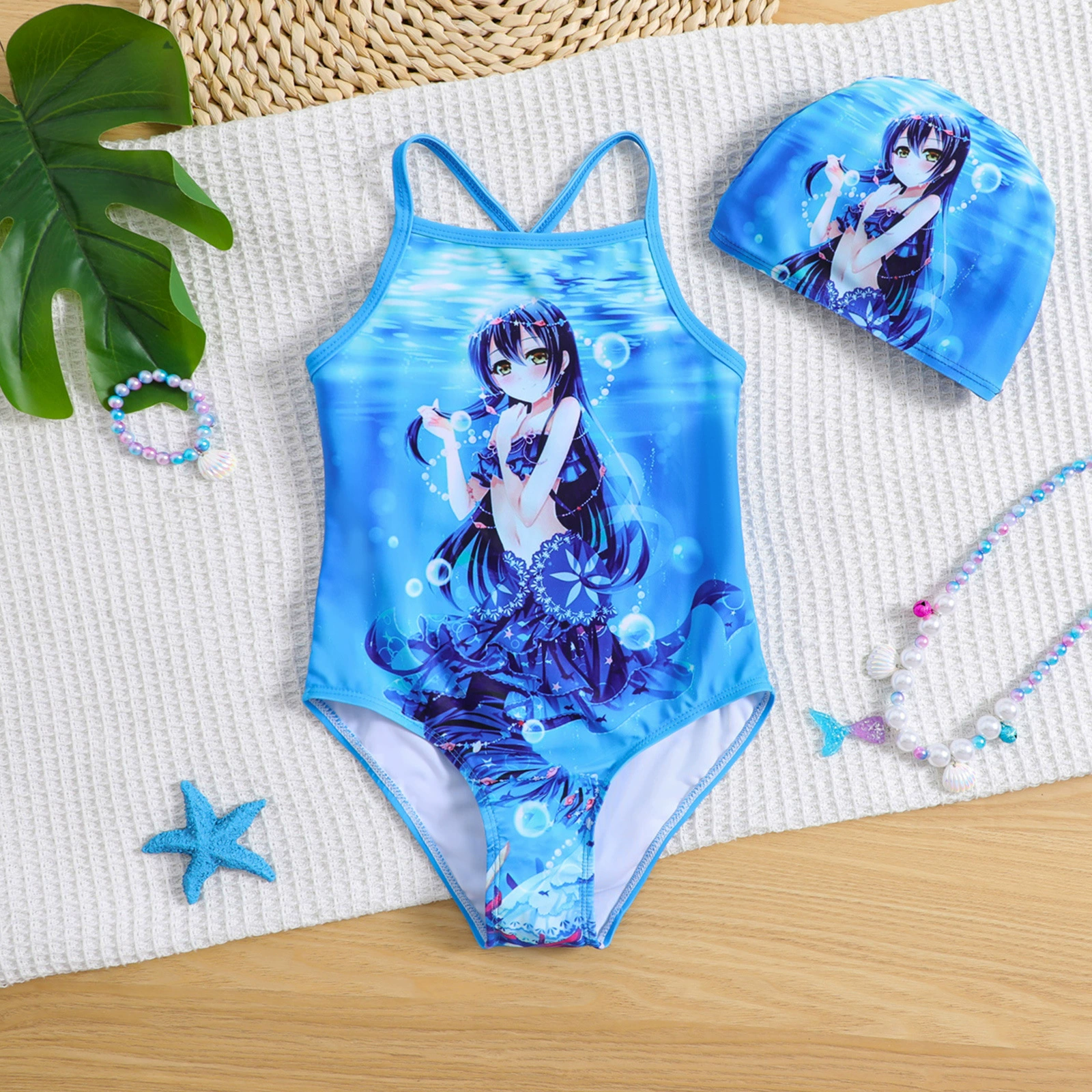 Girls One-Piece Cross-Back Swimsuit with Matching Swim Cap