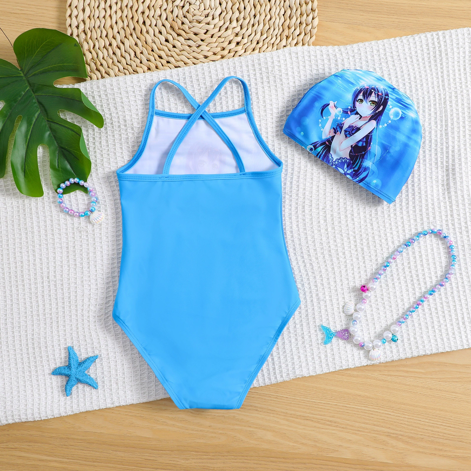 Girls One-Piece Cross-Back Swimsuit with Matching Swim Cap