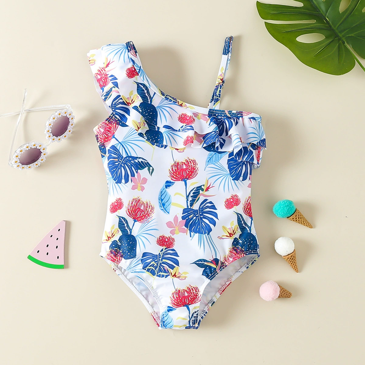 One-Shoulder Ruffled One-Piece Swimsuit for Girls
