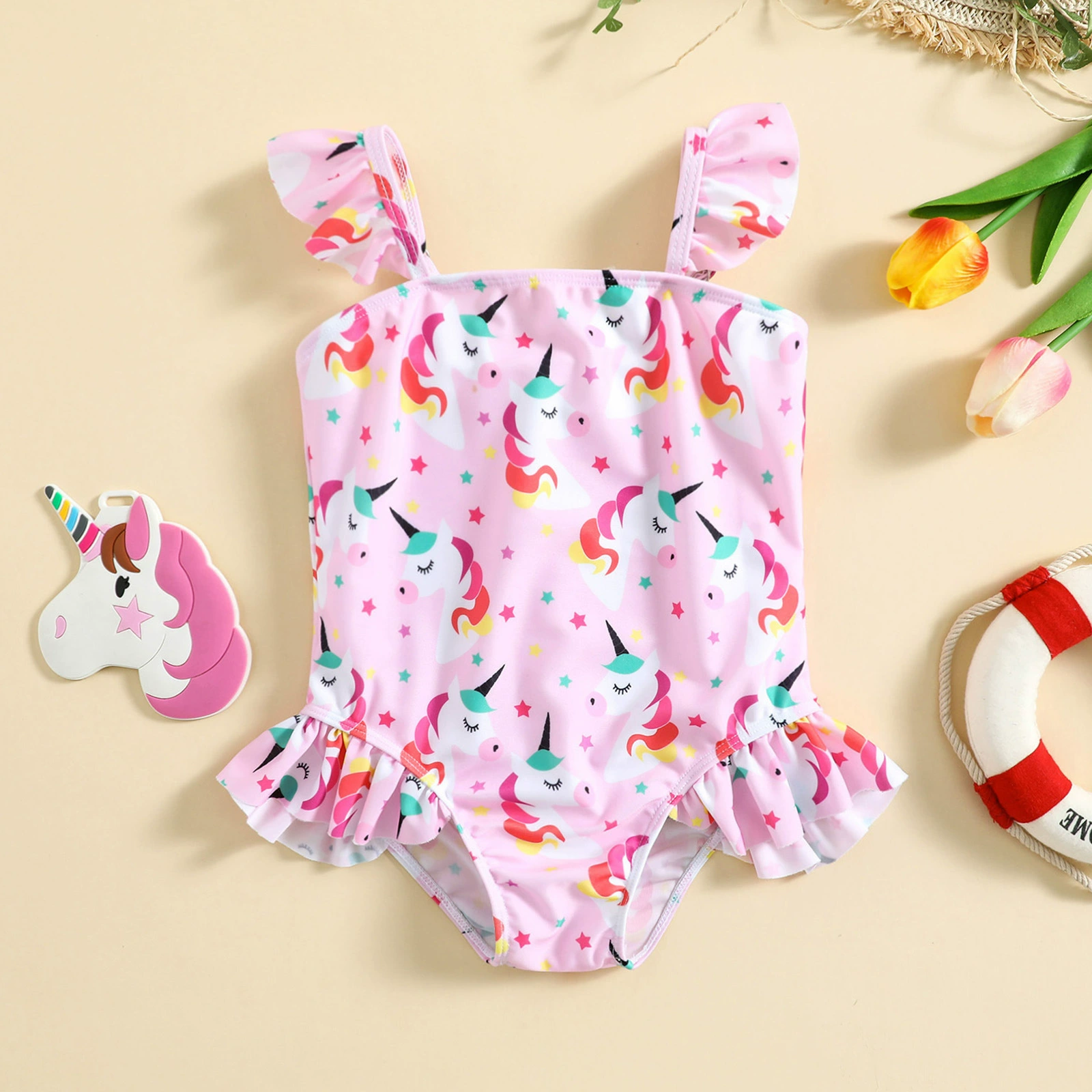 Girls Ruffle Trim One-Piece Swimsuit with Adjustable Straps