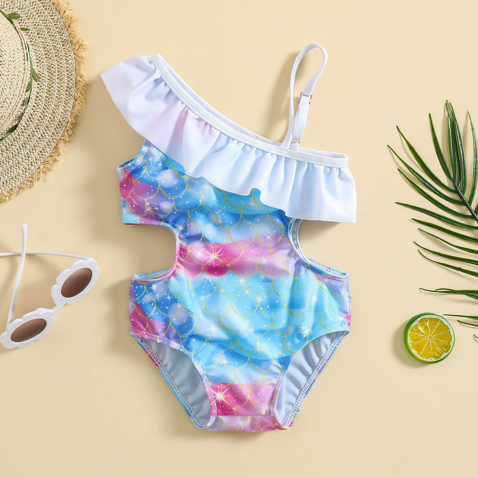 Girls One-Shoulder Ruffle Cutout One-Piece Swimsuit