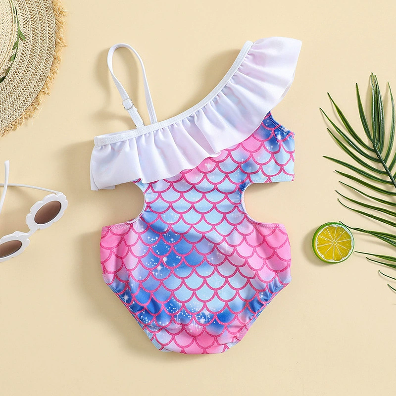 Girls One-Shoulder Ruffle One-Piece Swimsuit with Side Cutout