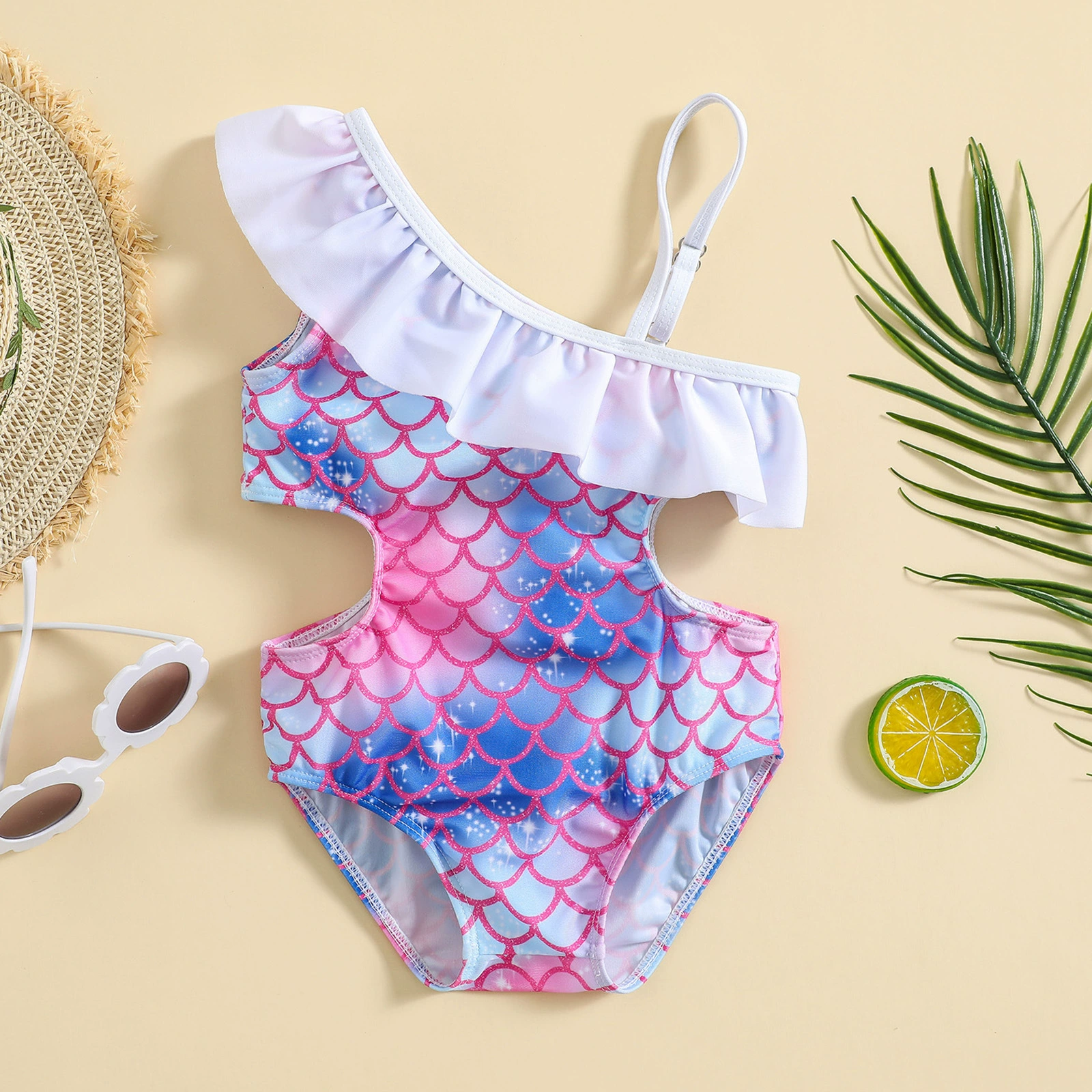 Girls One-Shoulder Ruffle One-Piece Swimsuit with Side Cutout view 6