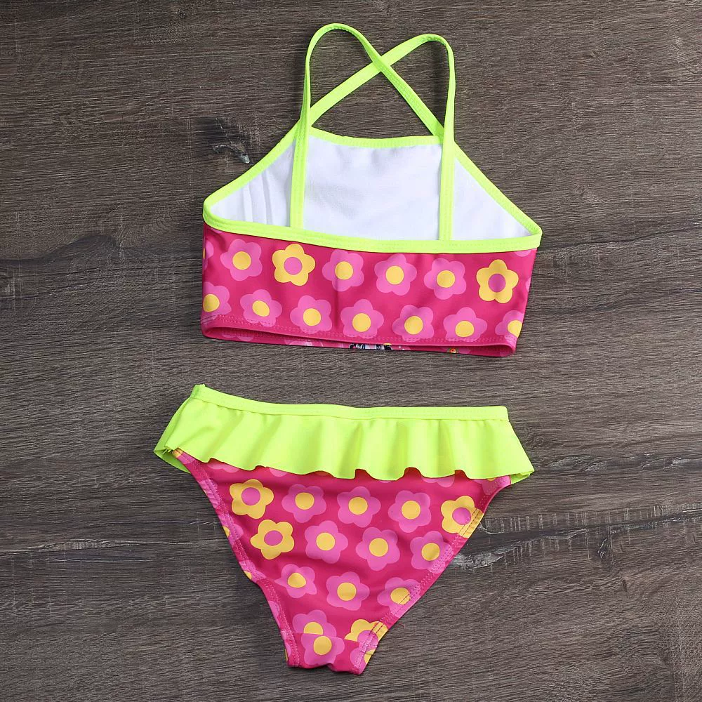Girls Two-Piece Bikini Set with Ruffle Trim and Crisscross Straps