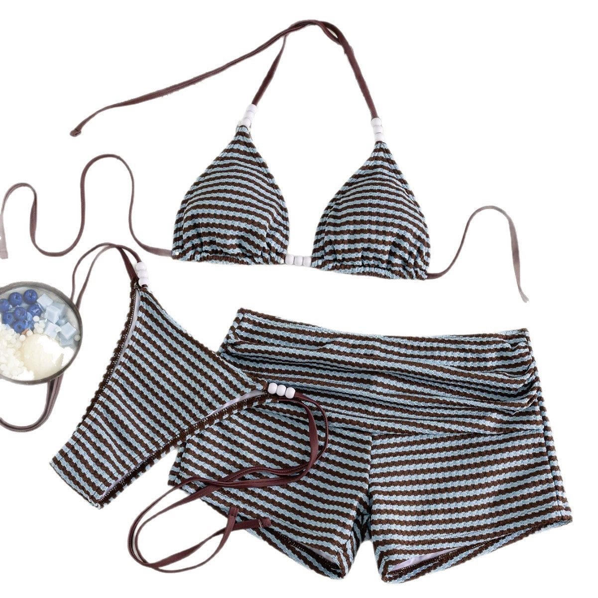 Three-Piece Halter Bikini Set with Shorts and Skirt view 5