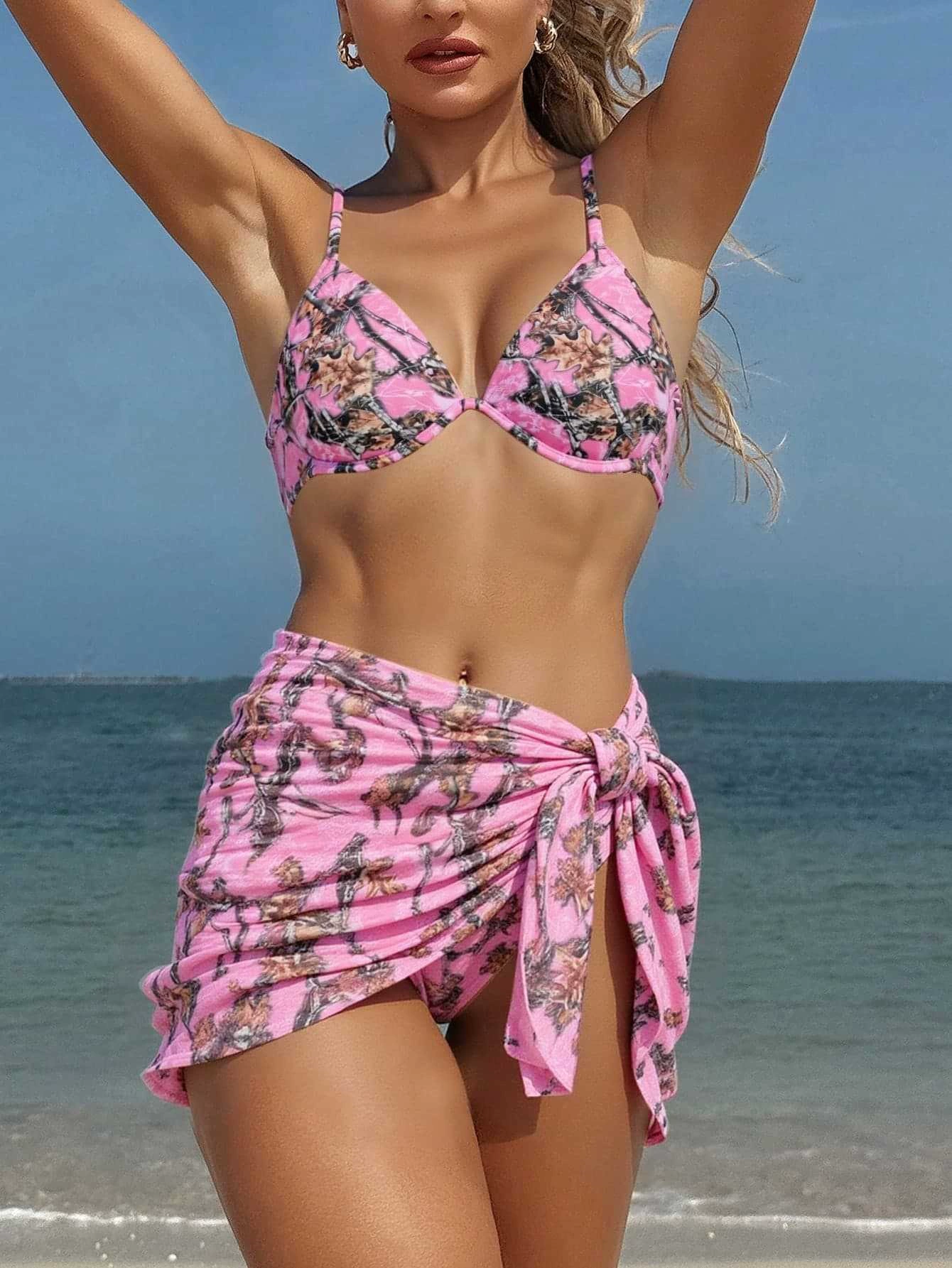 Women’s Three-Piece Triangle Bikini Set with Sarong Skirt
