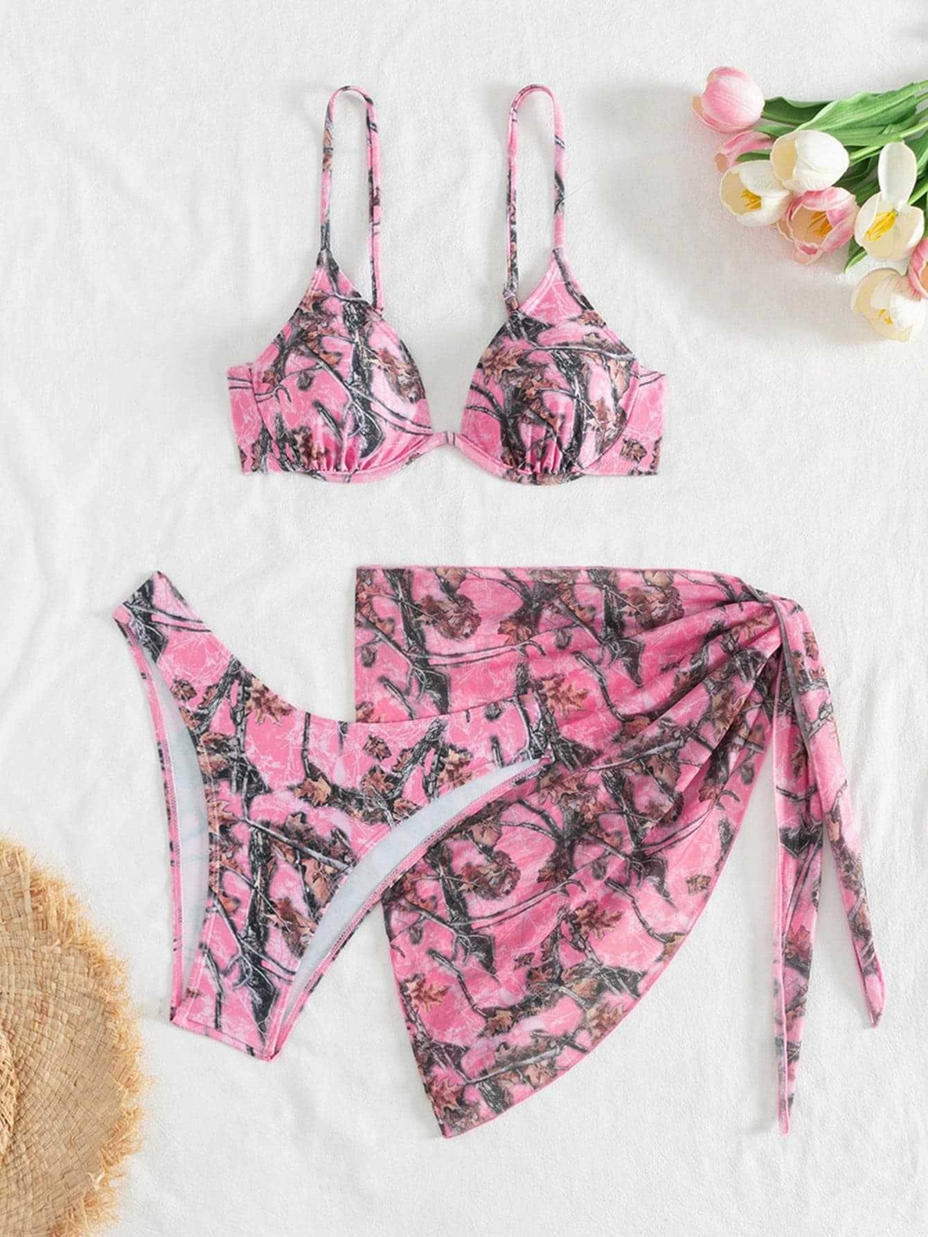Women's Three-Piece Triangle Bikini Set with Sarong Skirt view 4