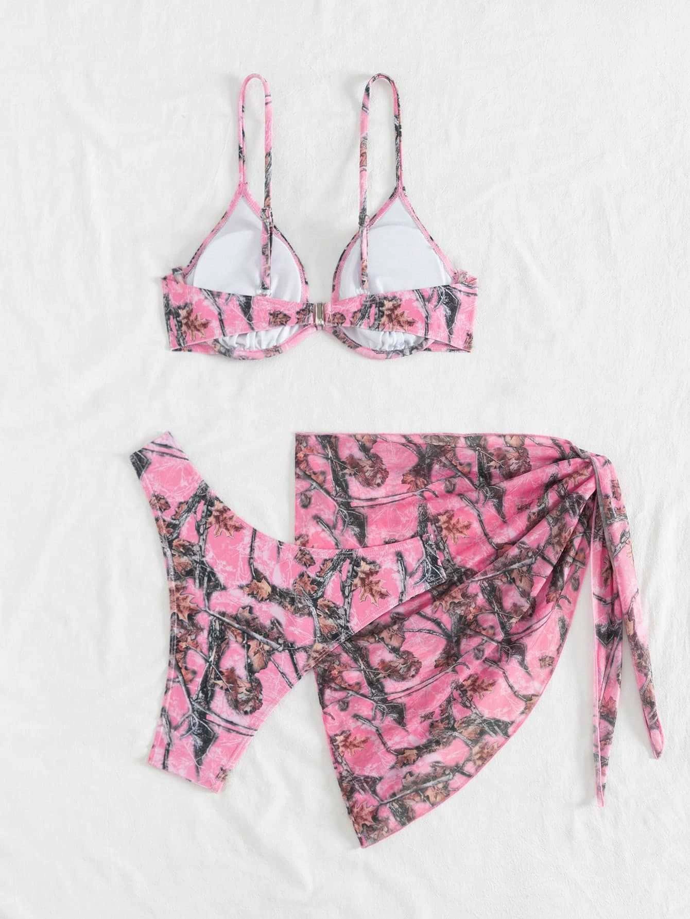 Women's Three-Piece Triangle Bikini Set with Sarong Skirt view 5