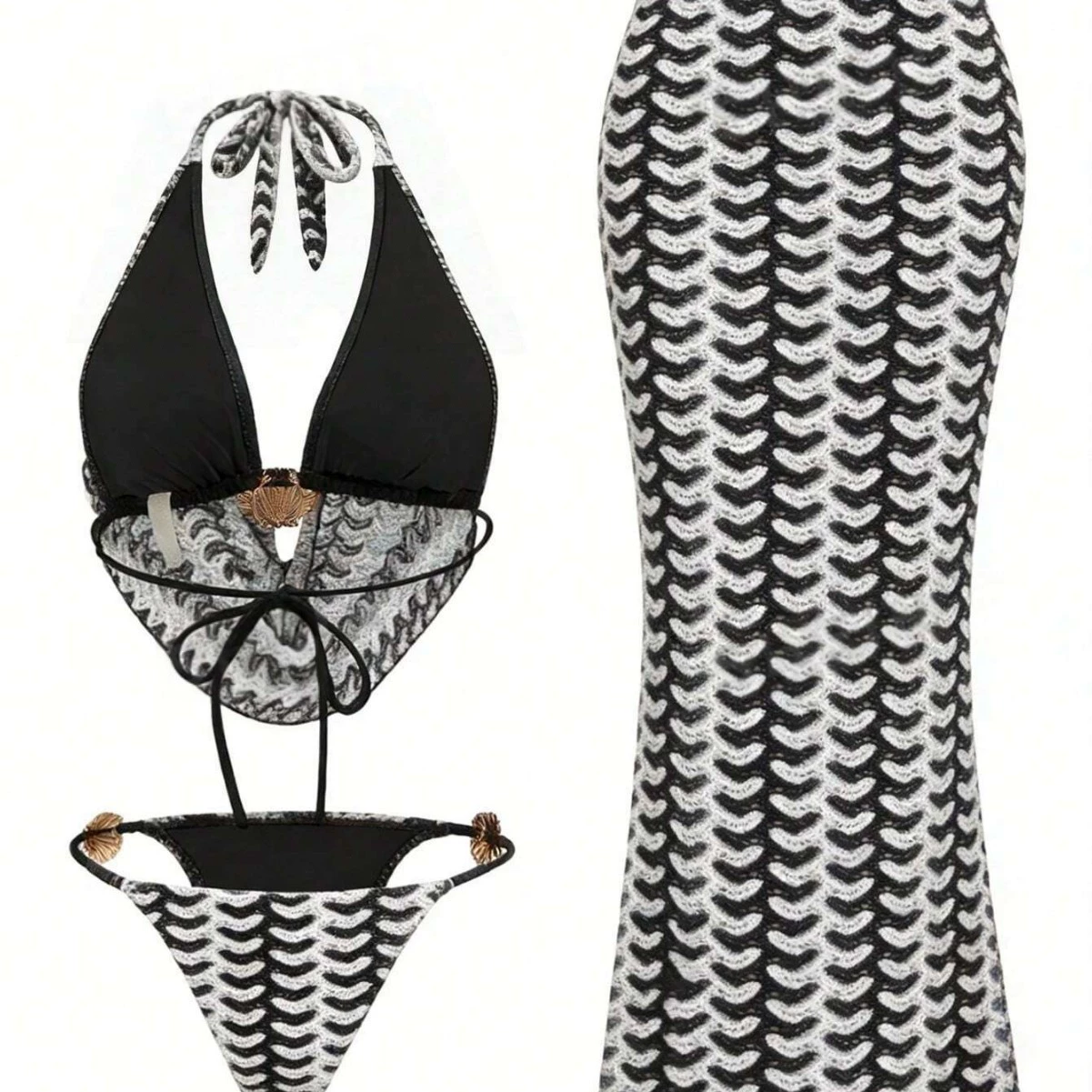 Three-Piece Halter Bikini Set with Draped Top and Wrap Skirt view 3
