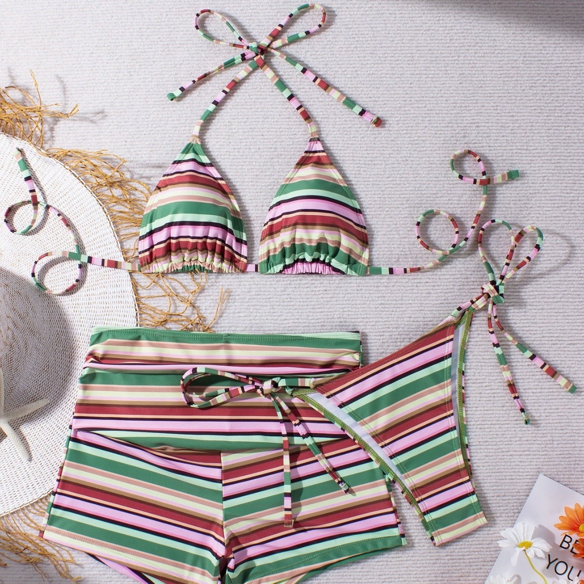 Three-Piece Halter Bikini Set with Shorts and Sarong
