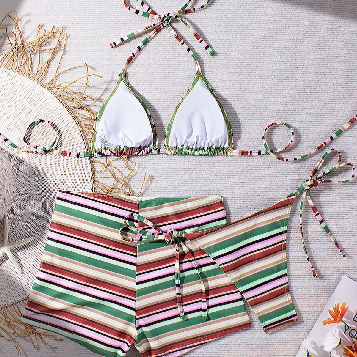 Three-Piece Halter Bikini Set with Shorts and Sarong
