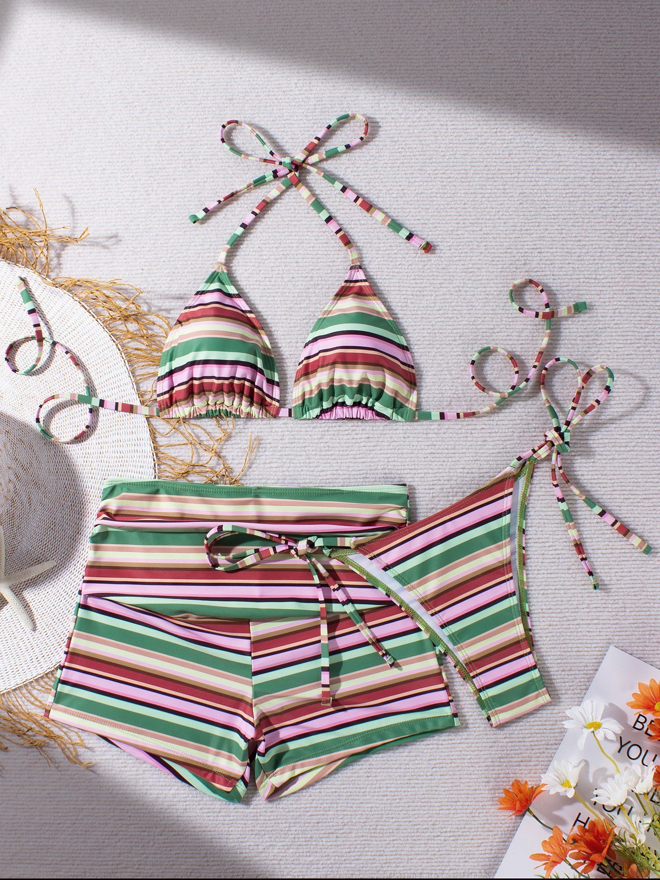 Three-Piece Halter Bikini Set with Shorts and Sarong view 6
