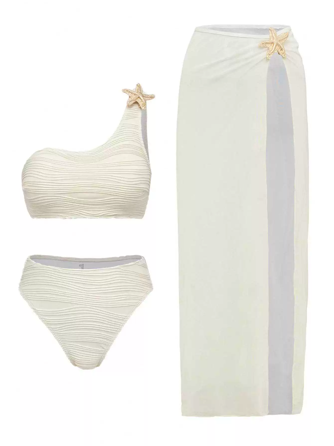 One-Shoulder Three-Piece Swimsuit Set with Sheer Skirt view 4