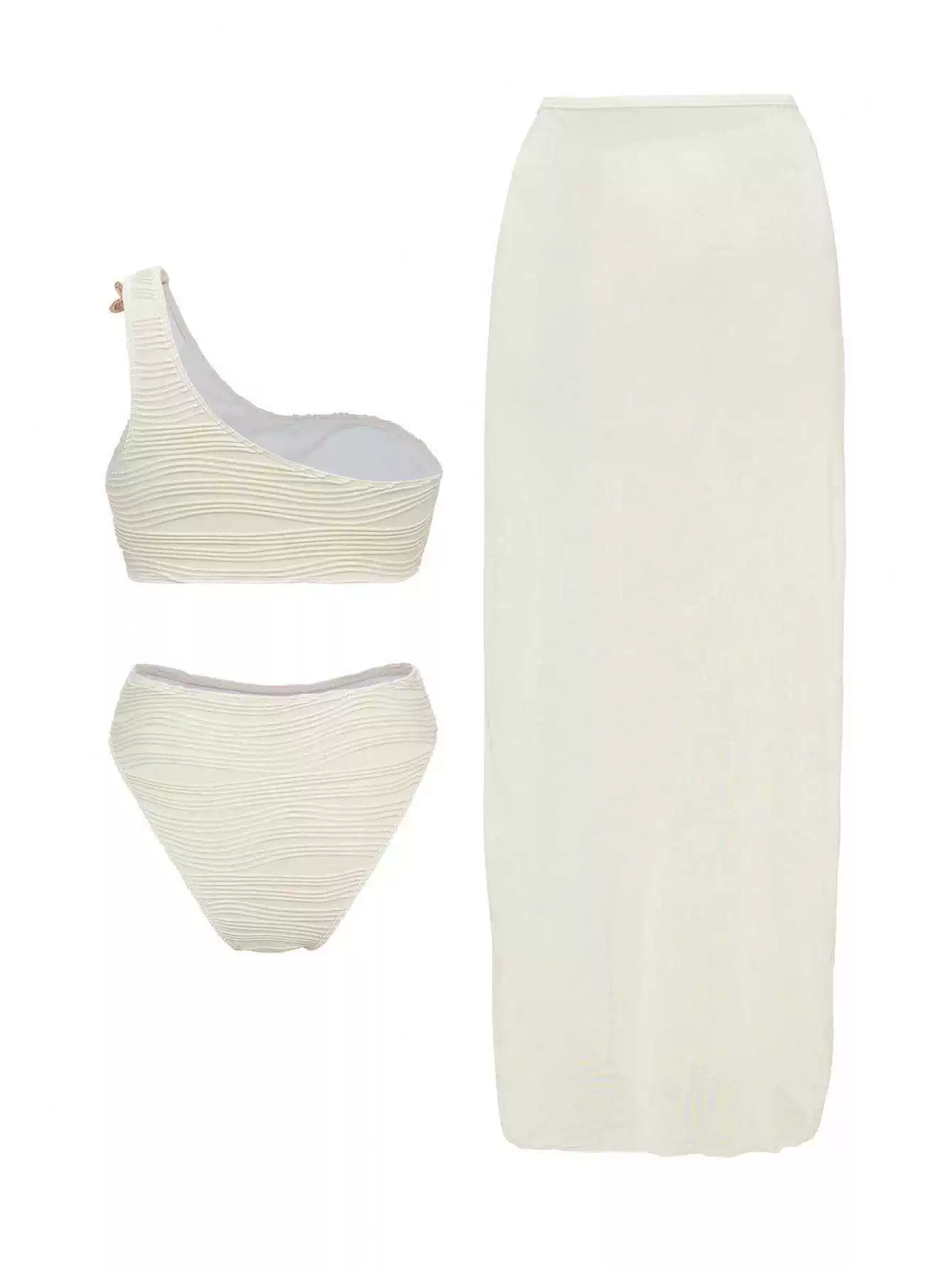 One-Shoulder Three-Piece Swimsuit Set with Sheer Skirt view 5