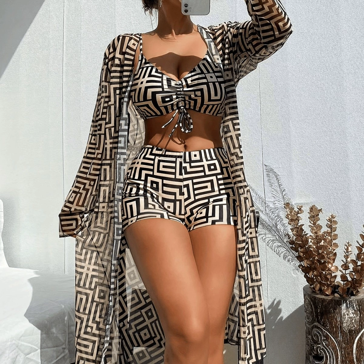 Three-Piece Bikini Set with Cover-Up and Boy Shorts