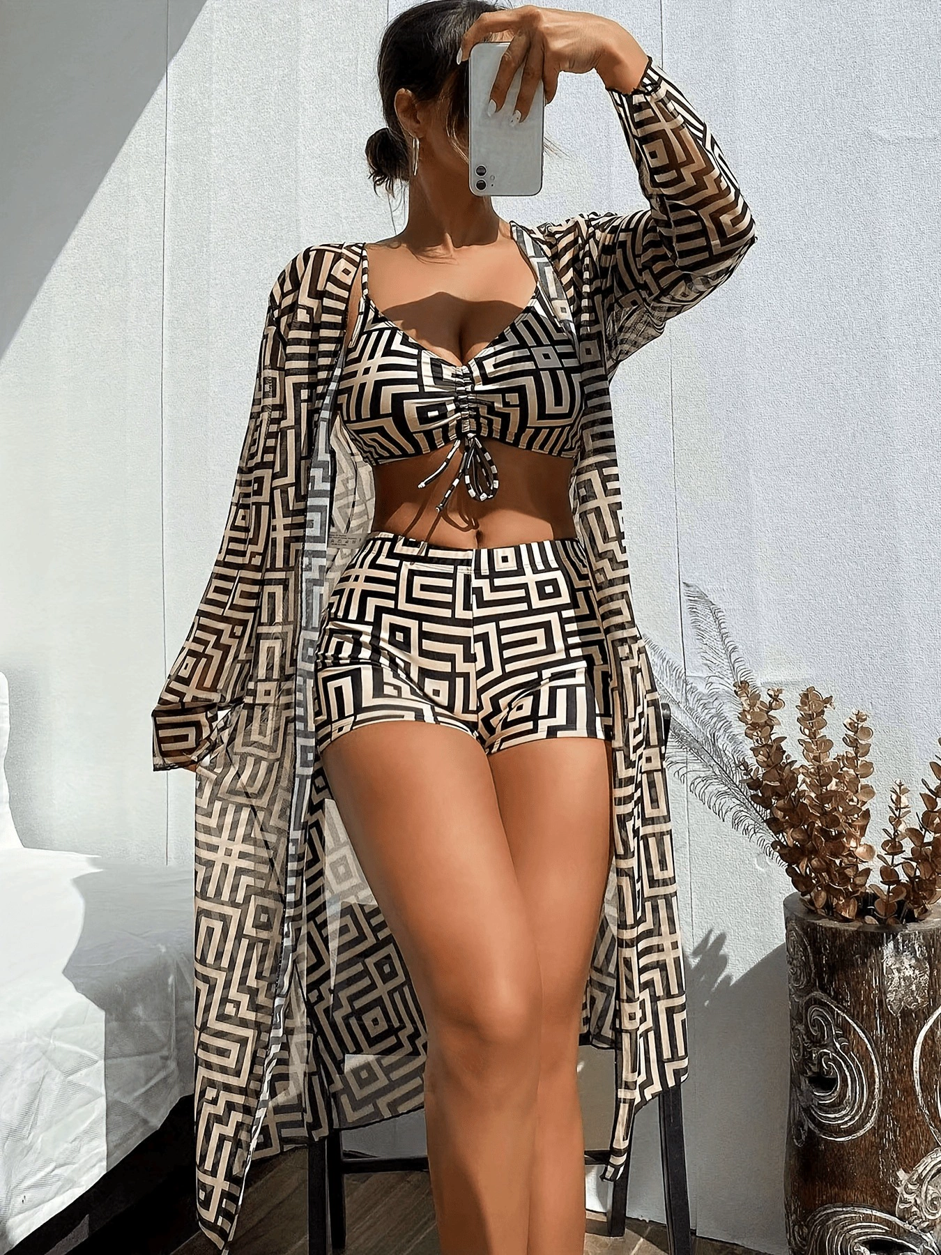 Three-Piece Bikini Set with Cover-Up and Boy Shorts view 6