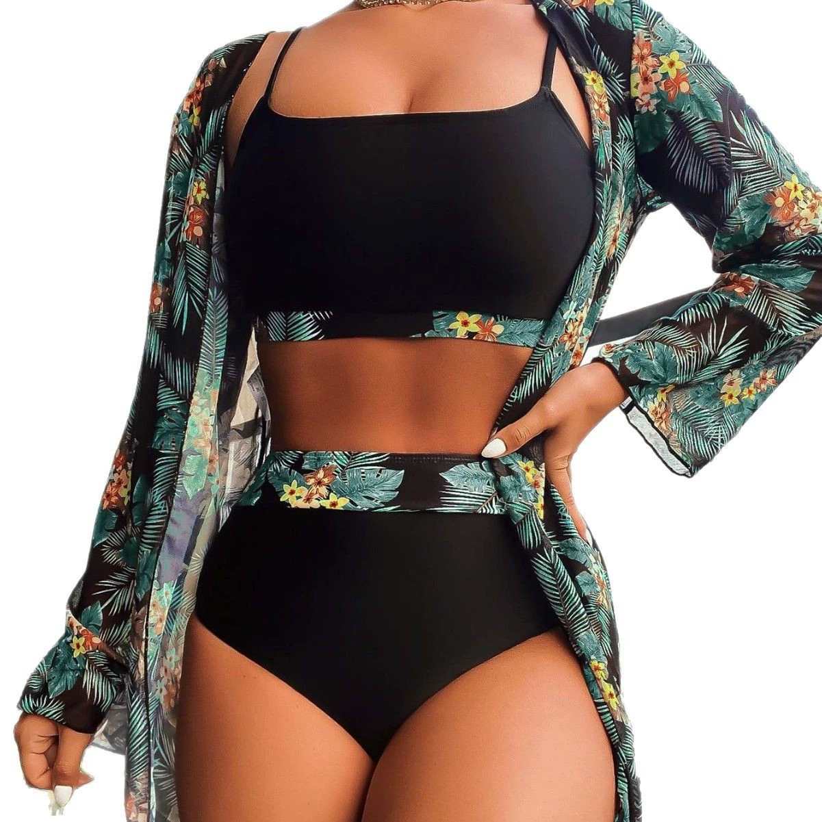 Three-Piece Bikini Set with Long-Sleeve Cover-Up view 5