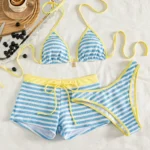 Women's Three-Piece Halter Bikini Set with Shorts and Mini Skirt