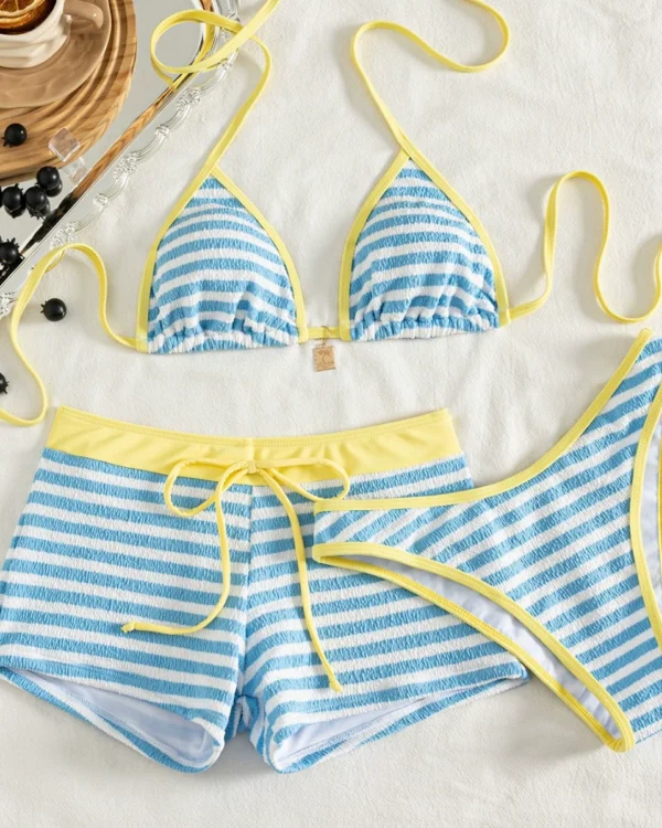 Conjunto de bikini halter de tres piezas para mujer con shorts y minifalda