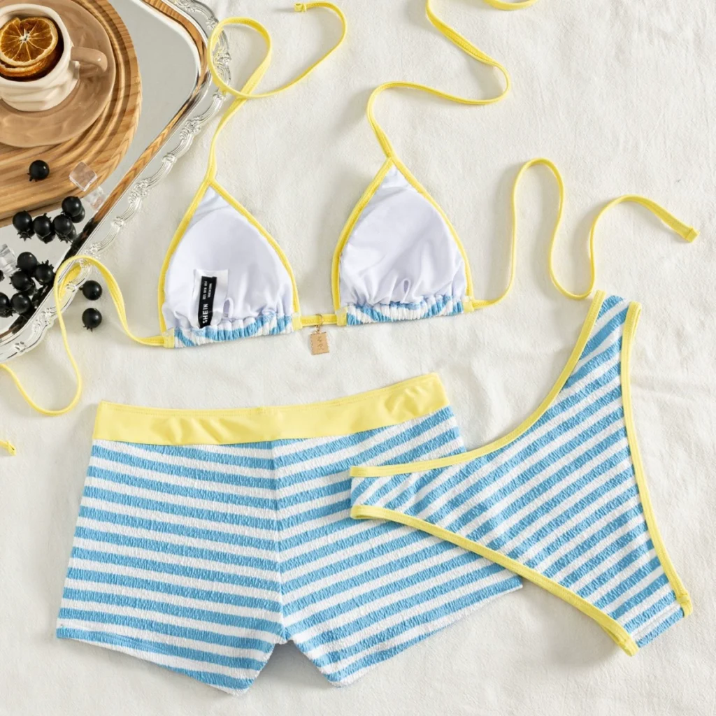 Women's Three-Piece Halter Bikini Set with Shorts and Mini Skirt view 2
