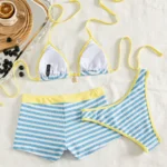 Women's Three-Piece Halter Bikini Set with Shorts and Mini Skirt view 2