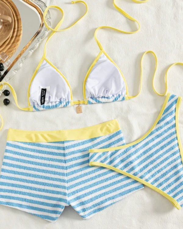 Conjunto de bikini halter de tres piezas para mujer con shorts y minifalda