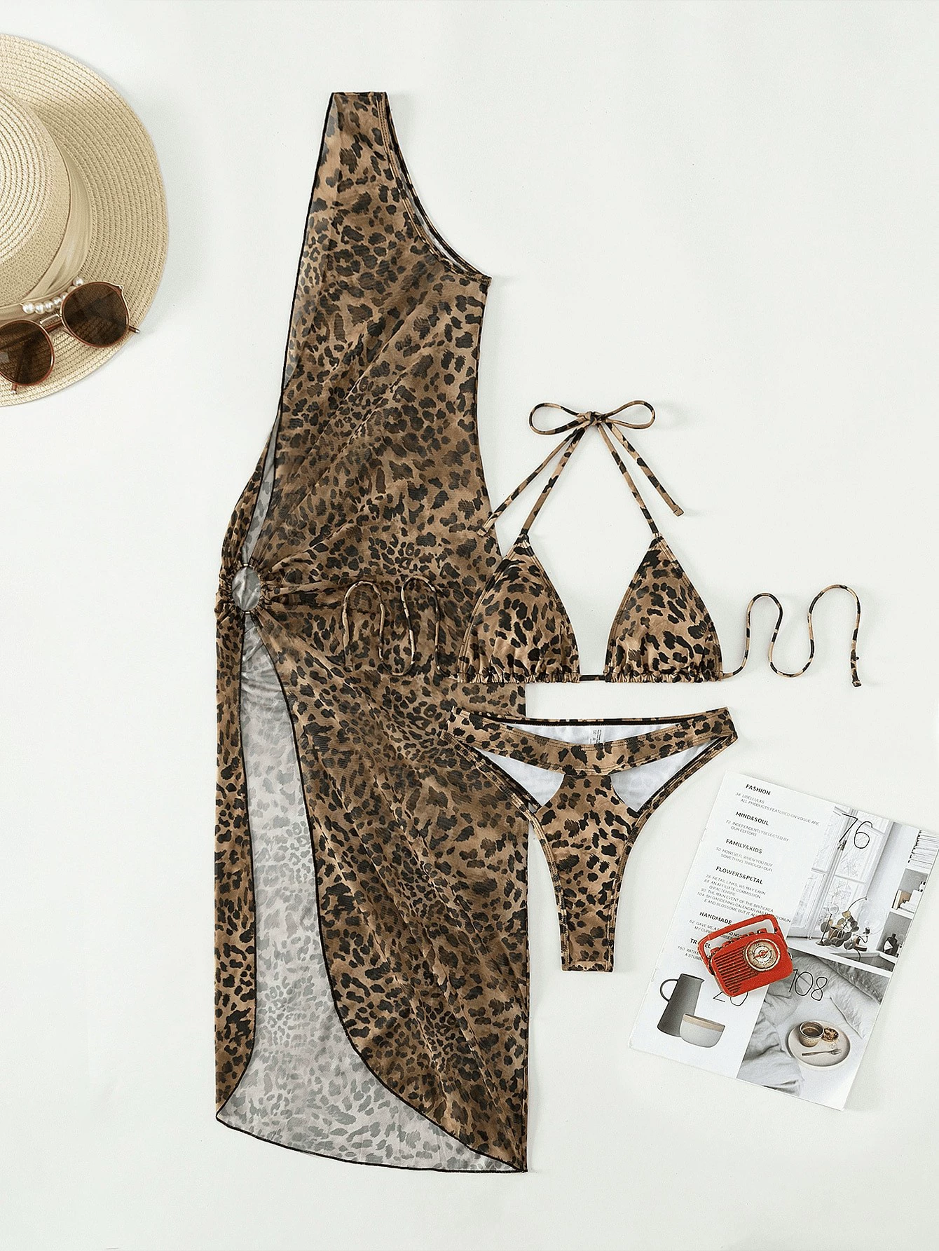 Three-Piece Bikini Set with Halter Top and Wrap Skirt view 4