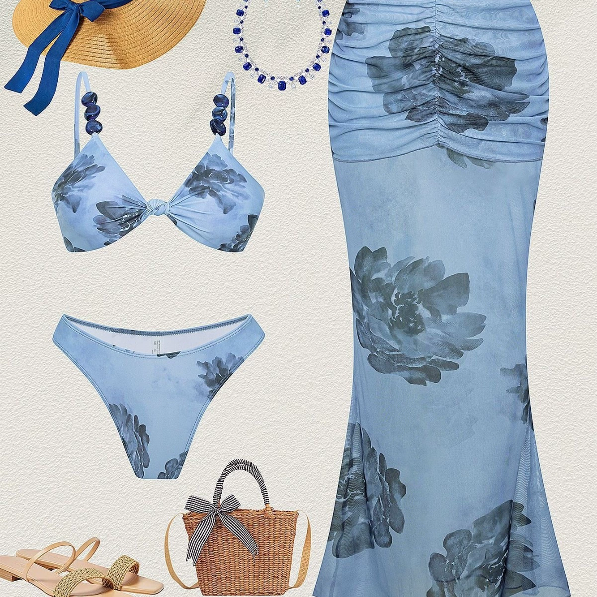 Beaded Halter Bikini Set with Ruched Long Skirt