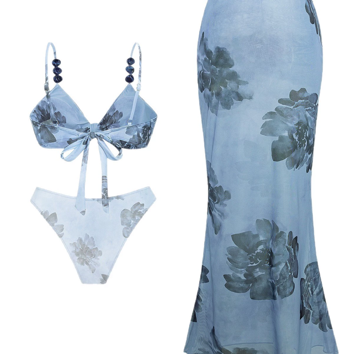 Beaded Halter Bikini Set with Ruched Long Skirt view 5