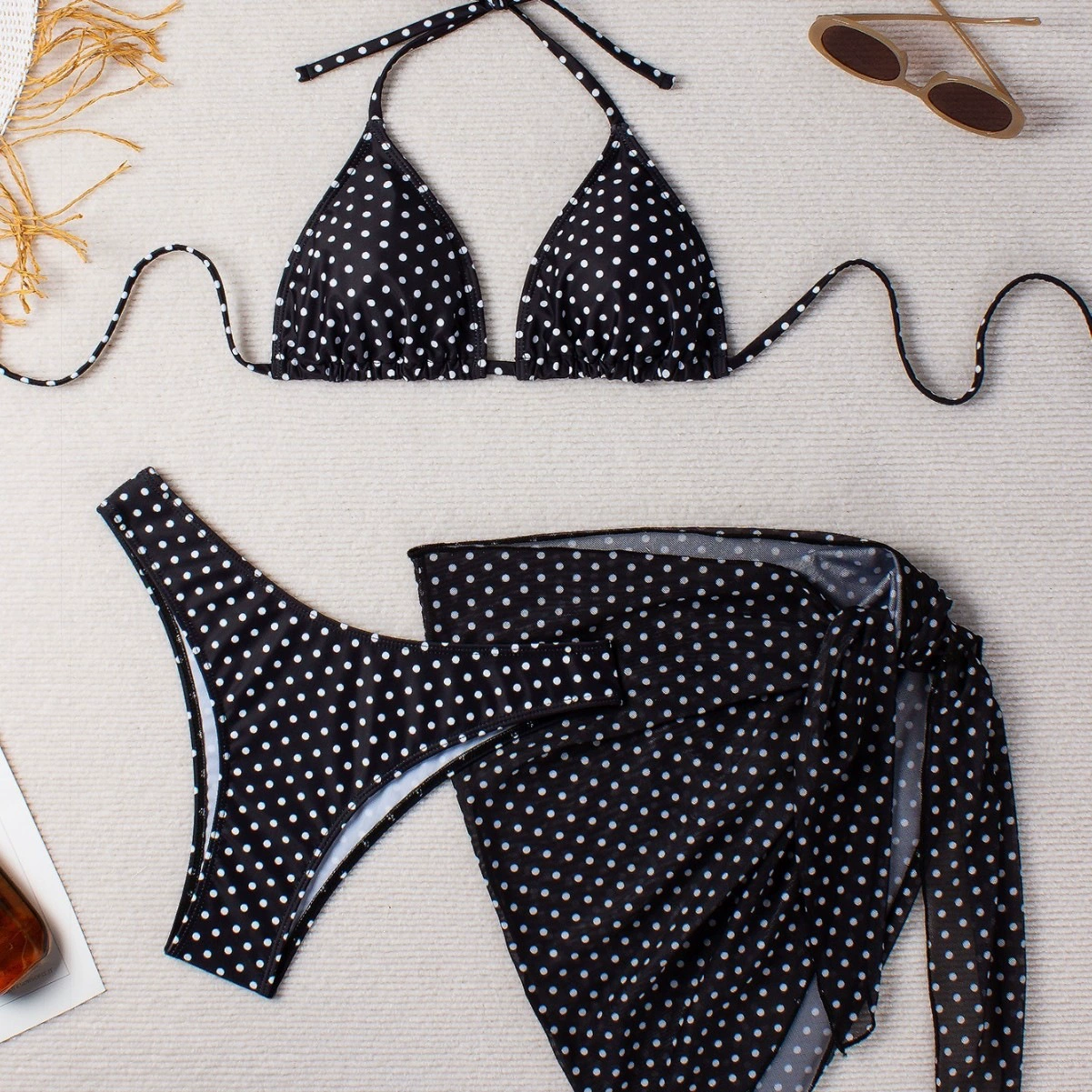 Three-Piece Halter Triangle Bikini Set with Sarong
