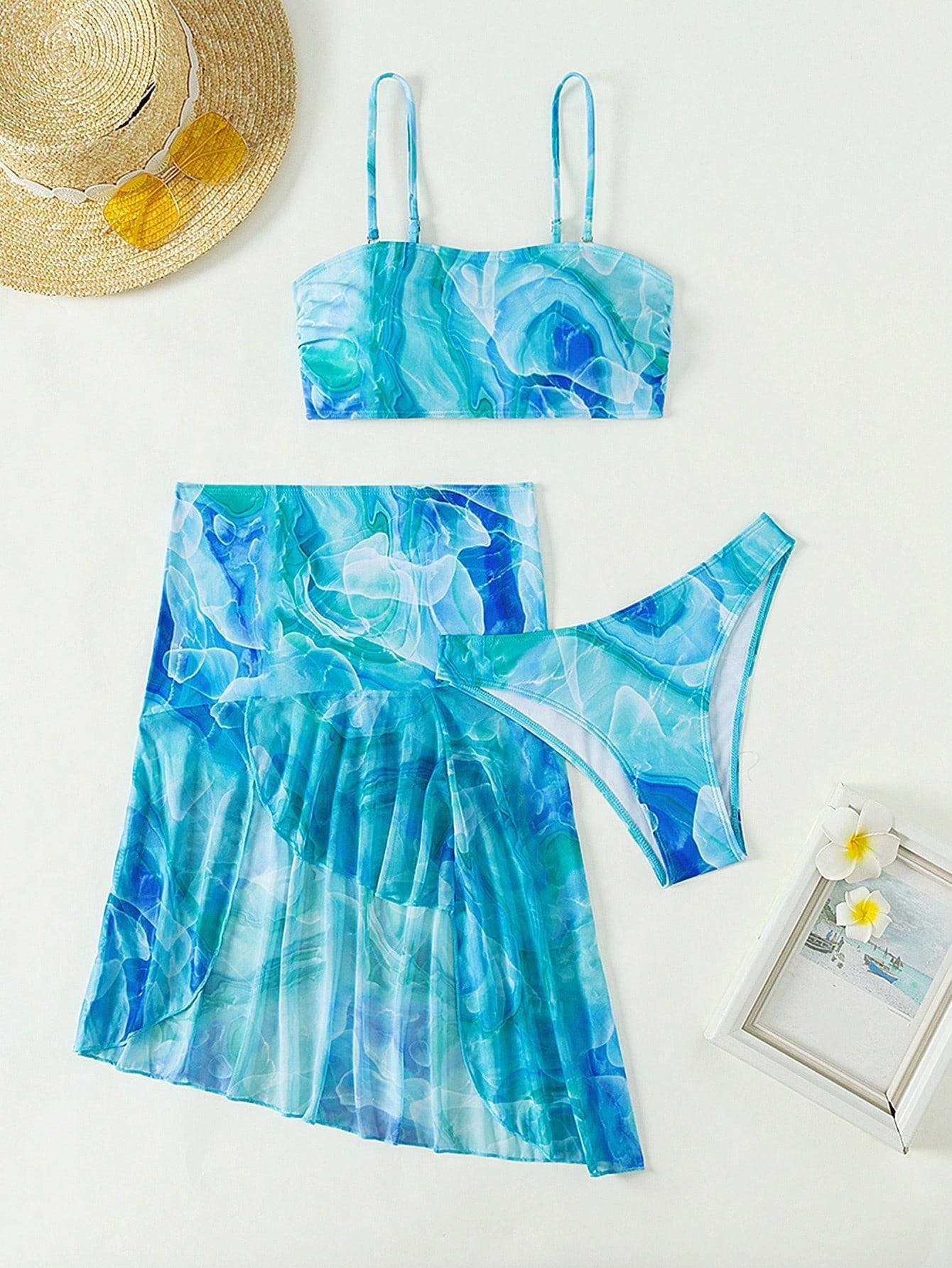 Three-Piece Bikini Set with Bandeau Top and Skirt view 4