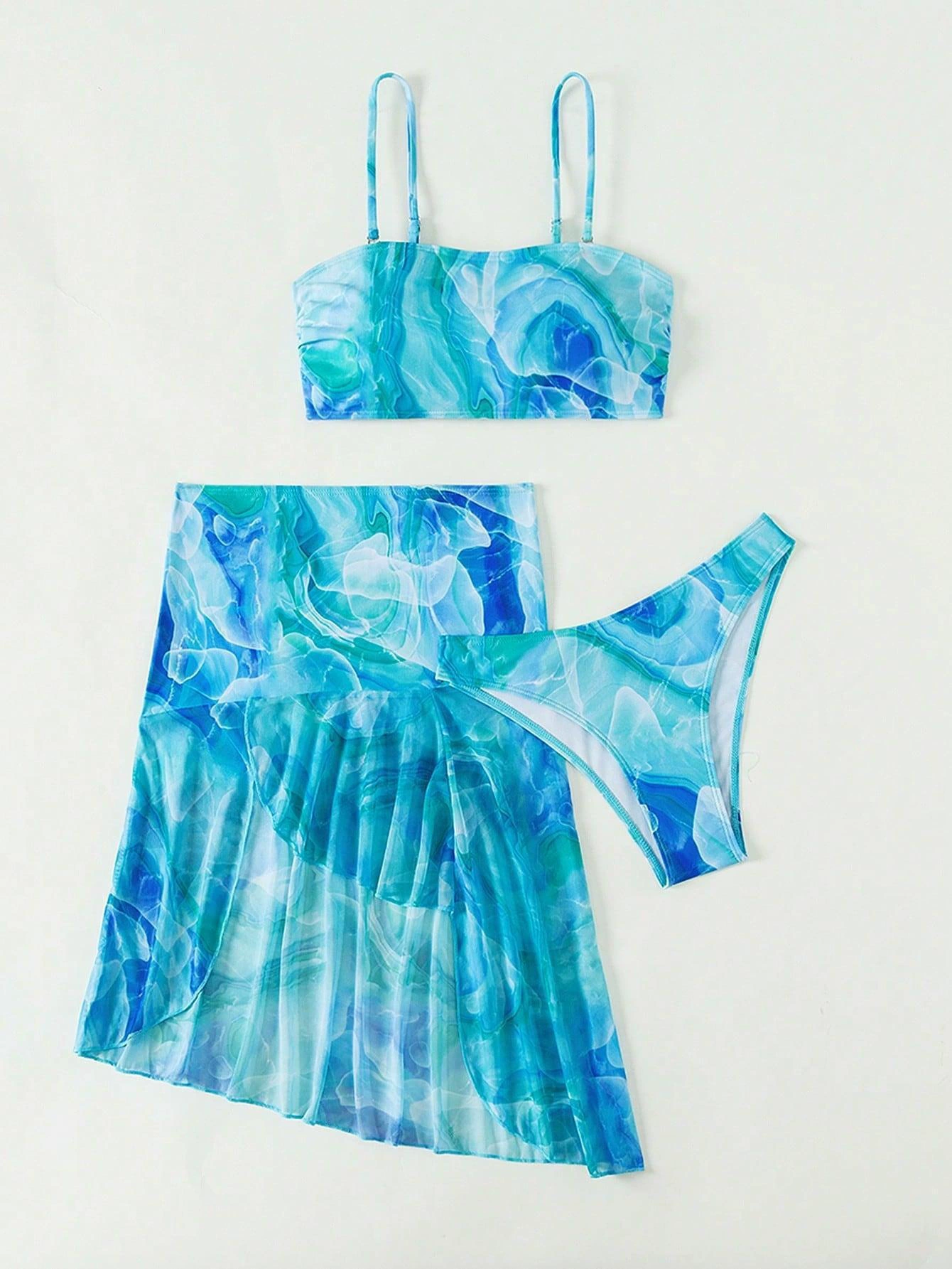 Three-Piece Bikini Set with Bandeau Top and Skirt view 5
