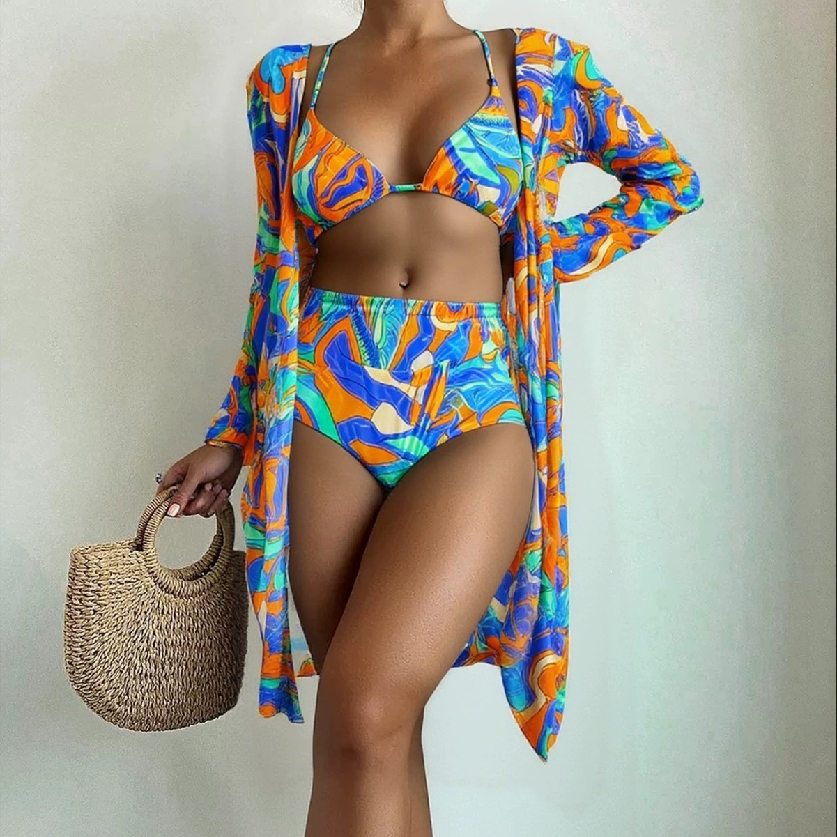 Three-Piece Bikini Set with High-Waisted Bottom and Long-Sleeve Cover-Up view 4