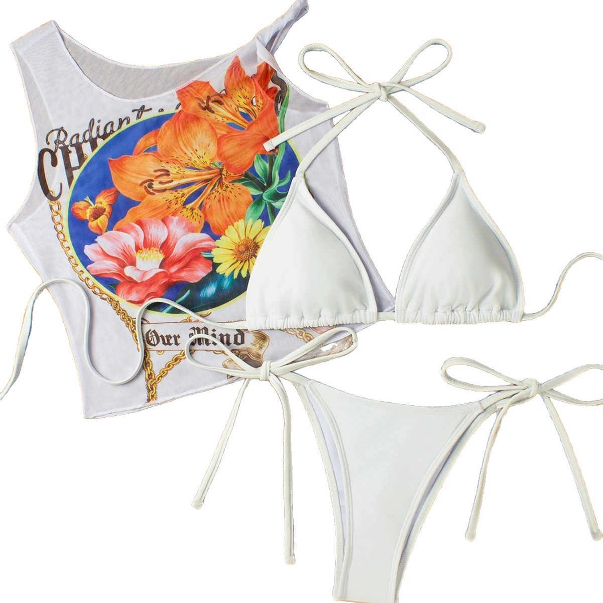 Sleeveless Tank Top and Triangle Bikini Three-Piece Set view 5