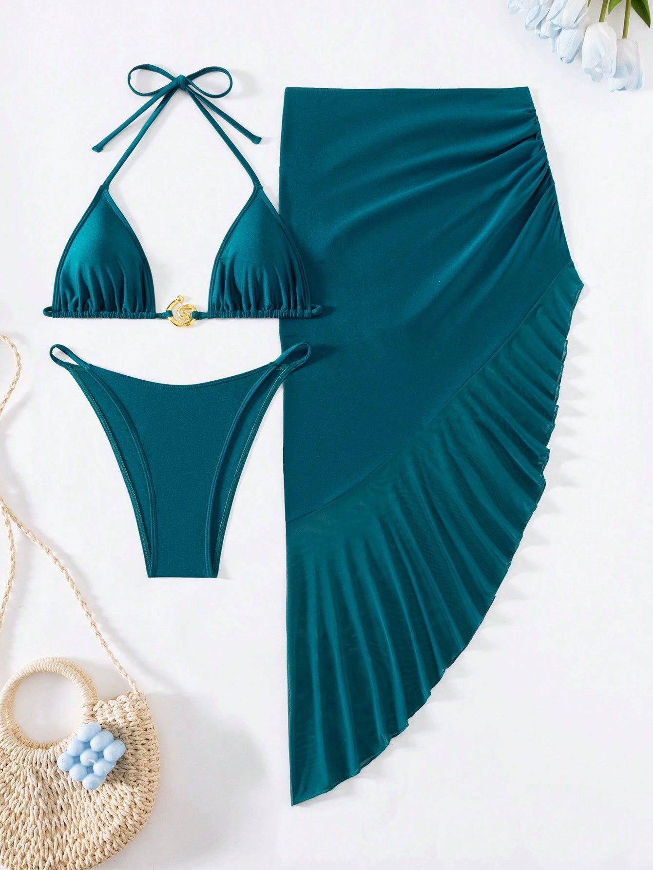 Three Piece Bikini Set with Asymmetric Ruffle Skirt view 5