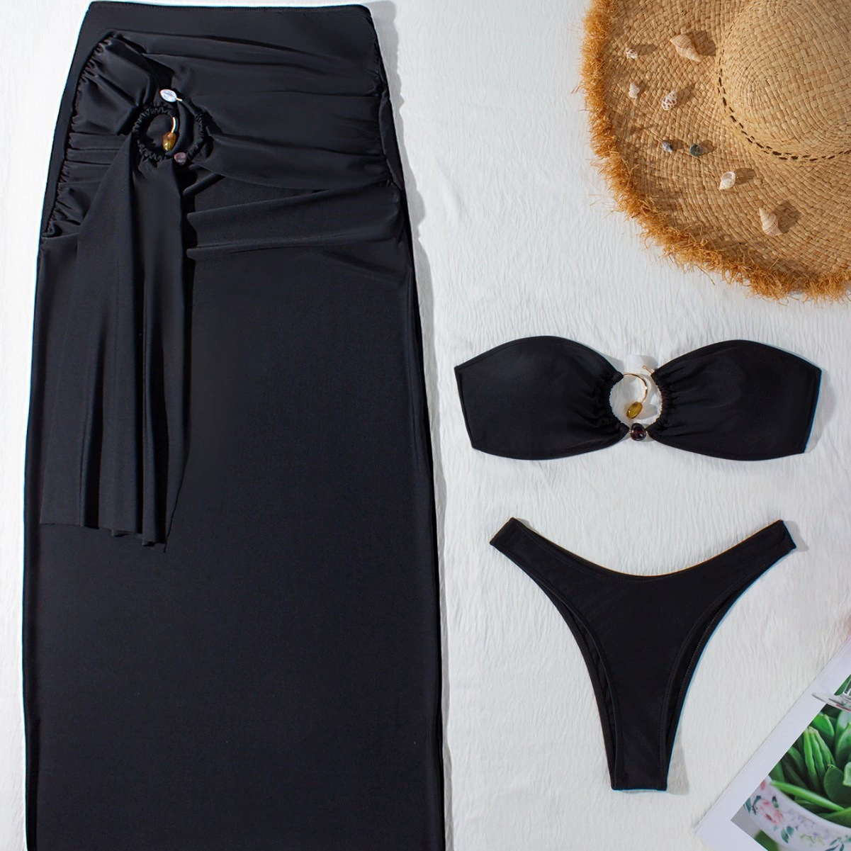 Three-Piece Bikini Set with Bandeau Top and Skirt