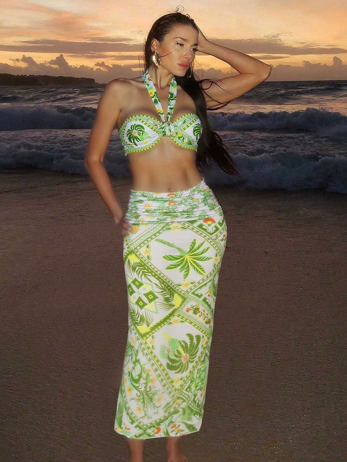 Three-Piece Halter Bikini Set with Long Skirt