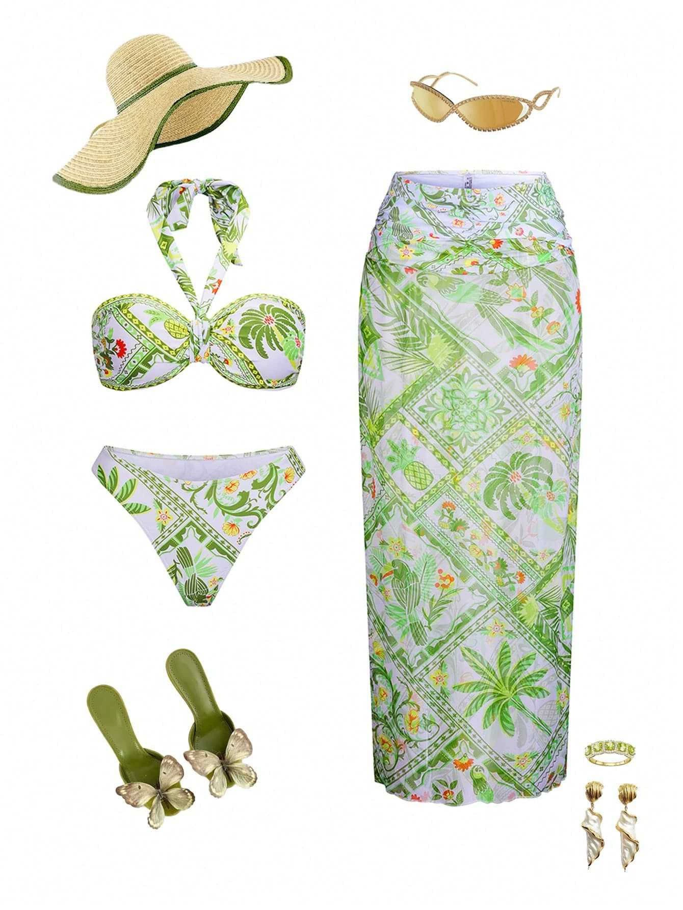 Three-Piece Halter Bikini Set with Long Skirt view 3